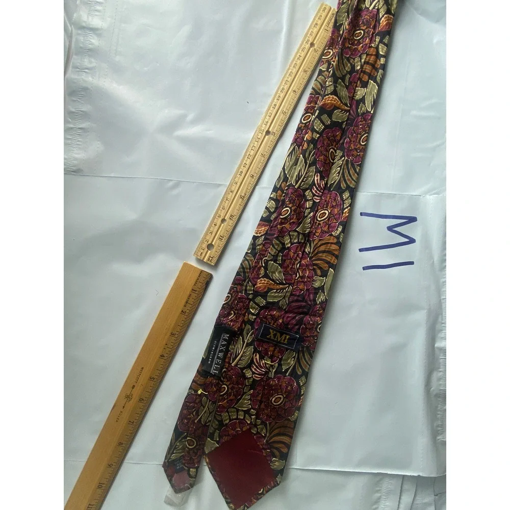 Vintage‎ Floral Silk Tie Burgundy Gold Black Men's Necktie